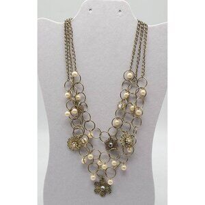 Vintage Multi Strand Gold Tone Necklace With Faux Pearls & Floral Accents